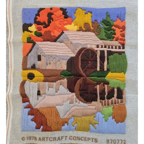 VTG 1978 Finished Needlepoint Artwork Country Mill Water Reflection 11" x 13" - Picture 1 of 7